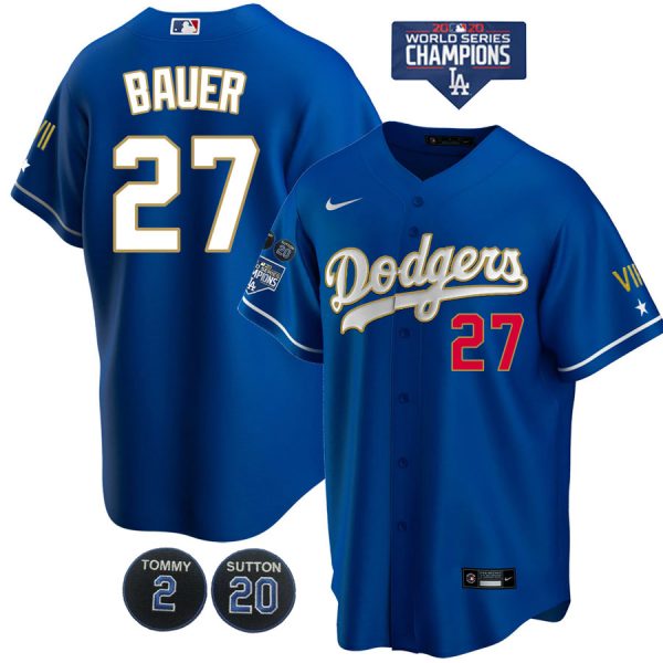 Personalized Men’s Los Angeles Dodgers Trevor Bauer Jersey World Series Champions Special Edition Royal Gold