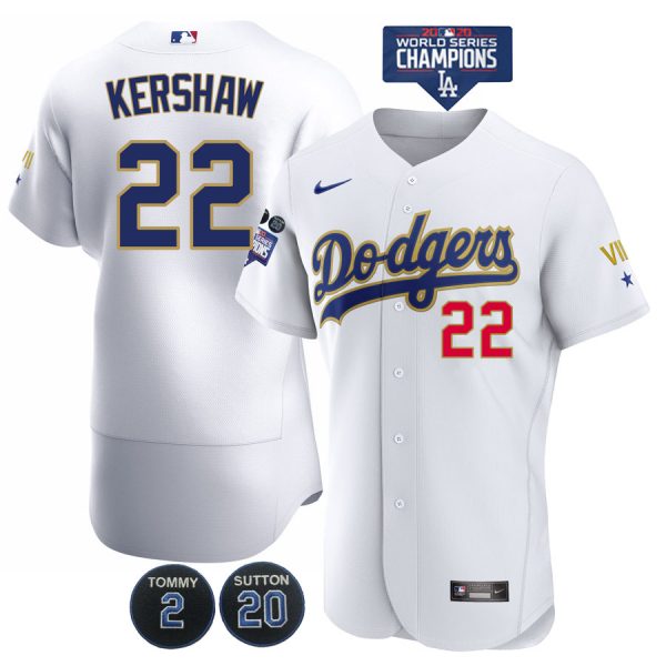 Personalized Men’s Los Angeles Dodgers Clayton Kershaw Jersey World Series Champions Special Edition White Gold