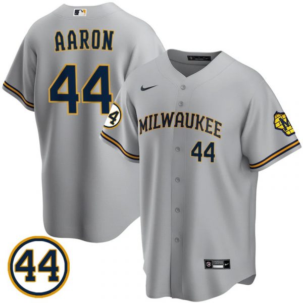 Personalized Men’s #44 Hank Aaron Milwaukee Brewers Gray Jersey Cool Base Gray