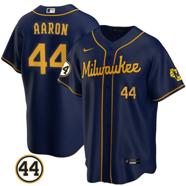 Personalized Men’s #44 Hank Aaron Milwaukee Brewers Gray Jersey Cool Base Navy