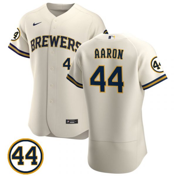 Personalized Men’s #44 Hank Aaron Milwaukee Brewers Cream Jersey Flex Base Cream
