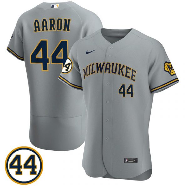 Personalized Men’s #44 Hank Aaron Milwaukee Brewers Cream Jersey Flex Base Gray