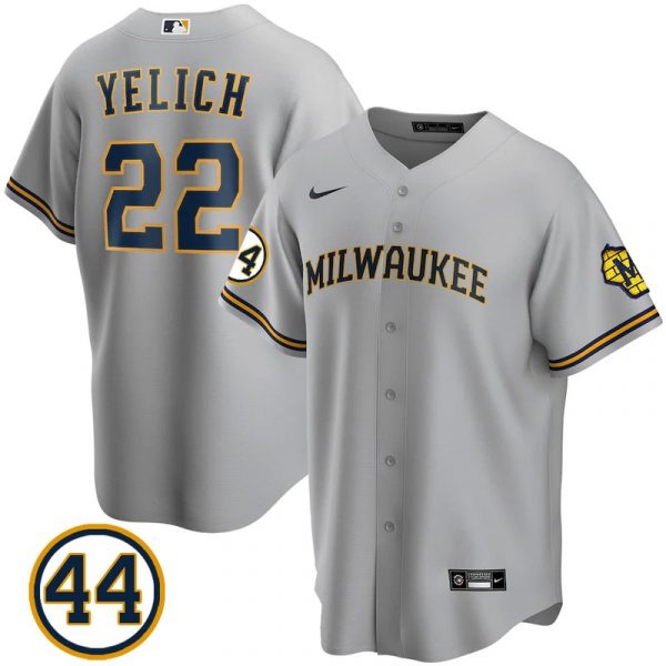 Personalized Men’s #22 Christian Yelich Milwaukee Brewers Navy Jersey Cool Base Gray