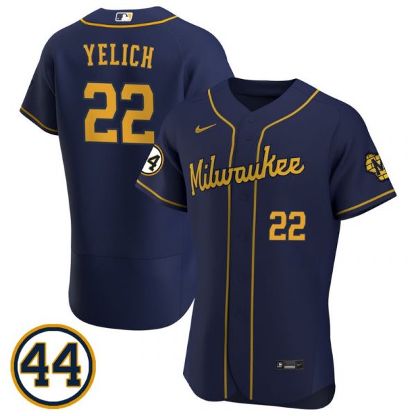 Personalized Men’s #22 Christian Yelich Milwaukee Brewers Cream Jersey Flex Base Navy
