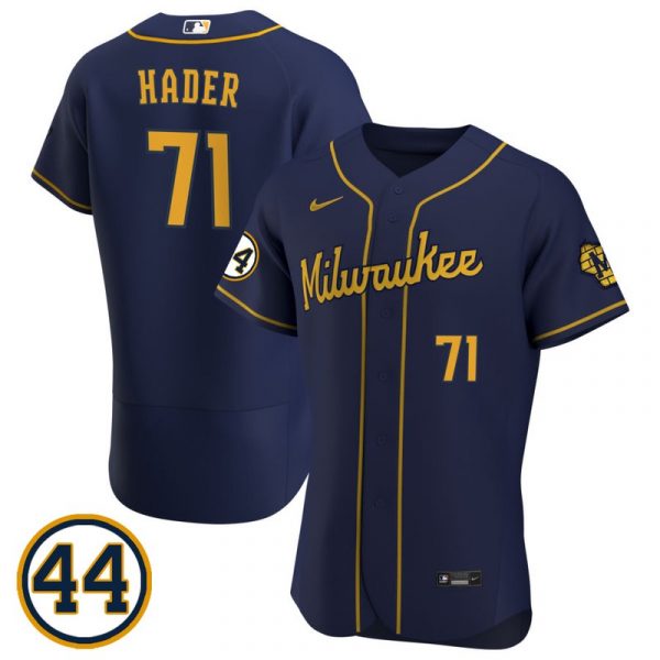 Personalized Men’s #71 Josh Hader Milwaukee Brewers Gray Jersey Flex Base Navy