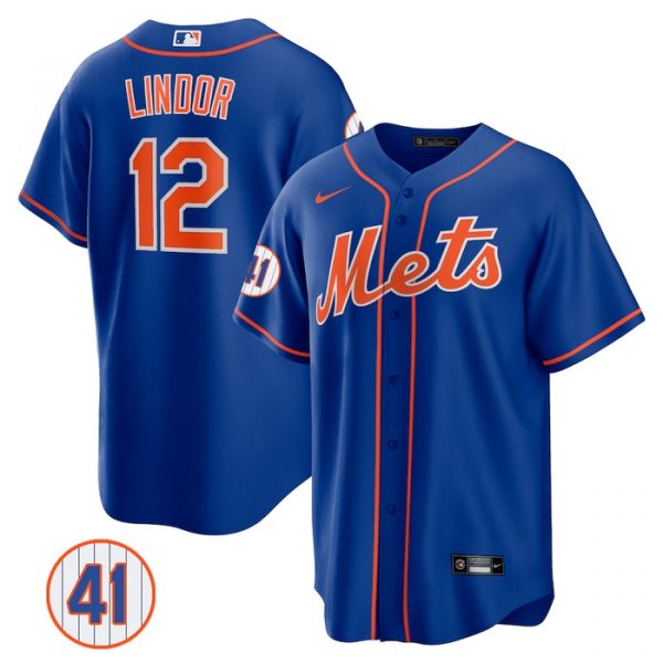 Personalized Men’s #12 Francisco Lindor New York Mets White Jersey Cool Base Royal