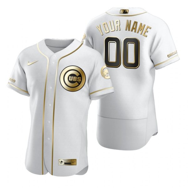 Personalized Men’s Chicago Cubs Flex Base Jersey White Golden