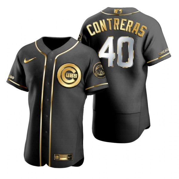 Personalized Men’s Willson Contreras Chicago Cubs Flex Base Jersey Black Golden