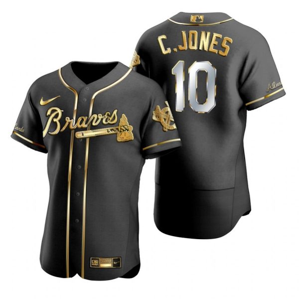 Personalized Men’s #10 Chipper Jones Atlanta Braves Flex Base Jersey Black Golden