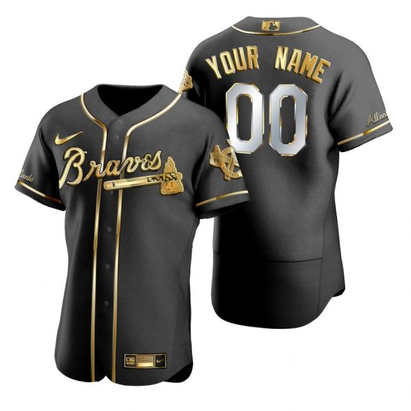 Personalized Men’s Atlanta Braves Flex Base Jersey Black Golden