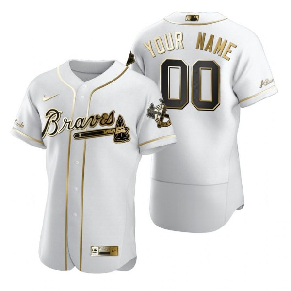 Personalized Men’s Atlanta Braves Flex Base Jersey White Golden