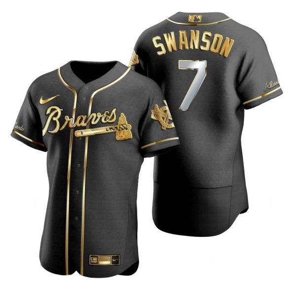 Personalized Men’s #7 Dansby Swanson Atlanta Braves Flex Base Jersey Black Golden