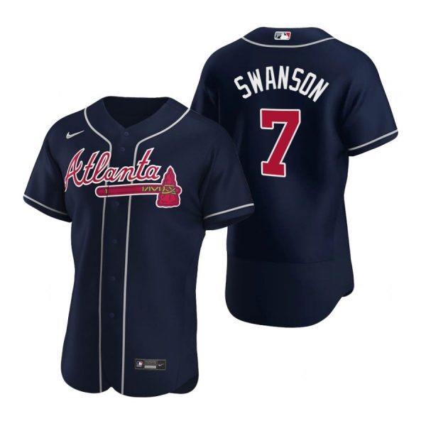Personalized Men’s #7 Dansby Swanson Atlanta Braves Flex Base Jersey Navy Red