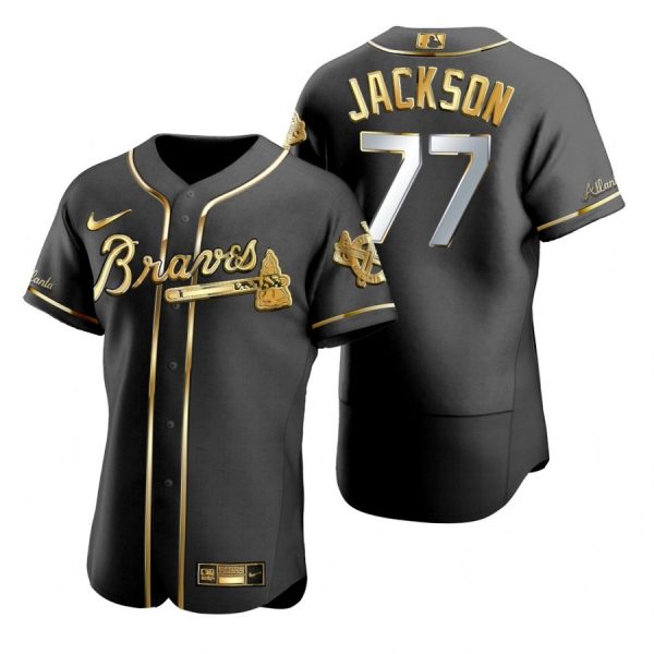 Personalized Men’s #77 Luke Jackson Atlanta Braves Flex Base Jersey Black Golden