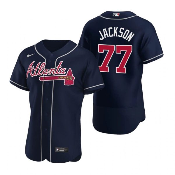 Personalized Men’s #77 Luke Jackson Atlanta Braves Flex Base Jersey Navy Red