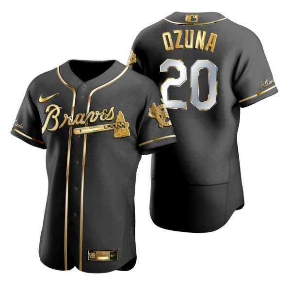 Personalized Men’s #20 Marcell Ozuna Atlanta Braves Flex Base Jersey Black Golden
