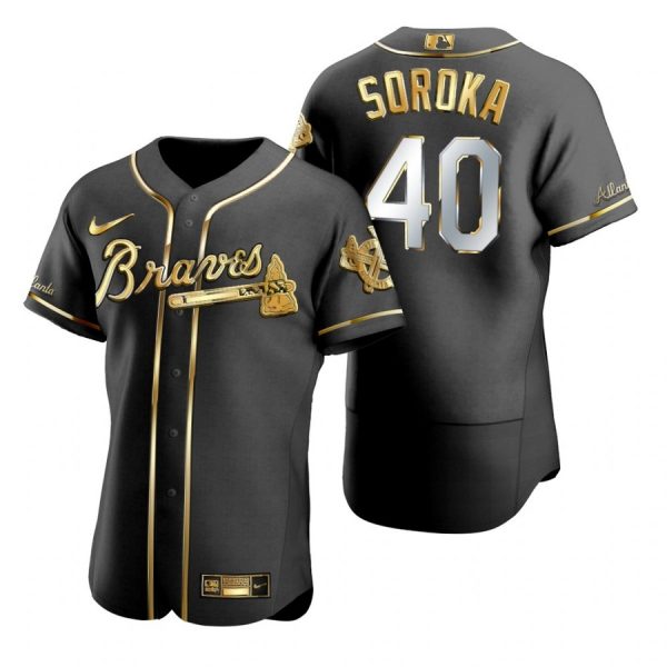 Personalized Men’s #40 Mike Soroka Atlanta Braves Flex Base Jersey Black Golden
