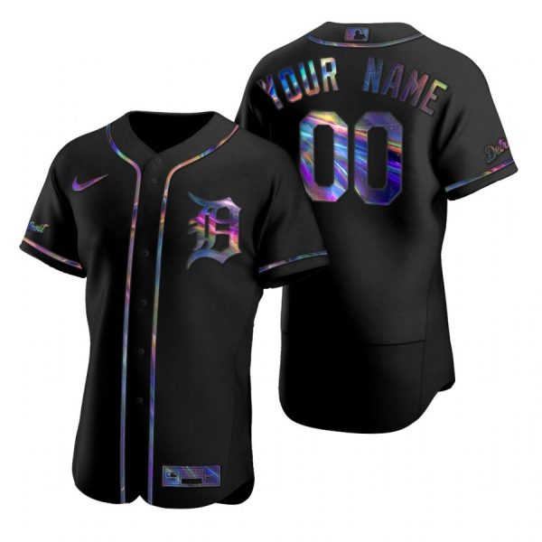 Personalized Men’s Detroit Tigers Flex Base Jersey Black Holographic