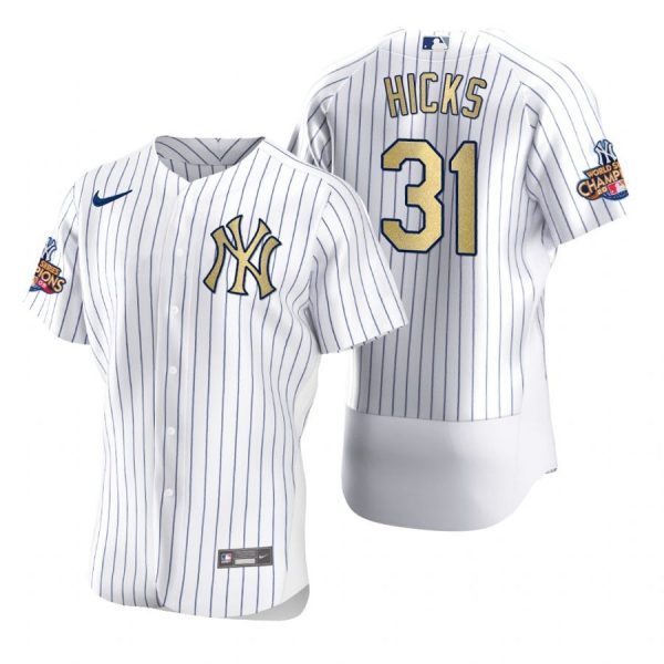 Personalized Men’s Aaron Hicks New York Yankees Flex Base Jersey White Gold WS