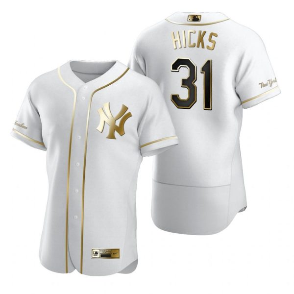 Personalized Men’s Aaron Hicks New York Yankees Flex Base Jersey White Golden