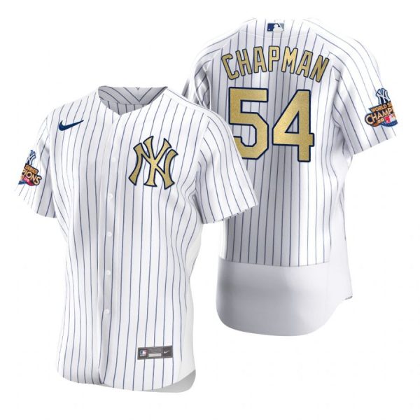 Personalized Men’s Aroldis Chapman New York Yankees Flex Base Jersey White Gold WS
