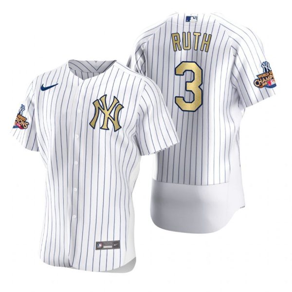 Personalized Men’s Babe Ruth New York Yankees Flex Base Jersey White Gold WS