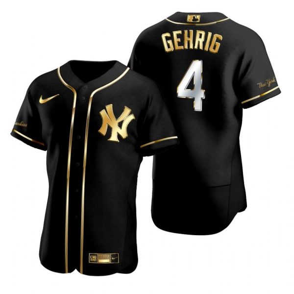 Personalized Men’s Lou Gehrig New York Yankees Flex Base Jersey Black Golden