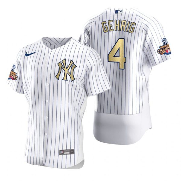 Personalized Men’s Lou Gehrig New York Yankees Flex Base Jersey White Gold WS