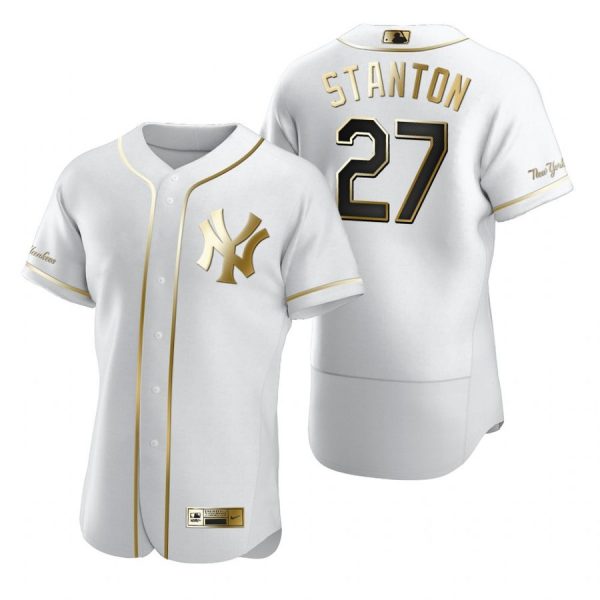 Personalized Men’s Giancarlo Stanton New York Yankees Flex Base Jersey White Golden