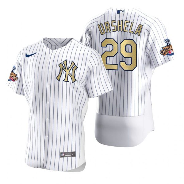 Personalized Men’s Gio Urshela New York Yankees Flex Base Jersey White Gold WS