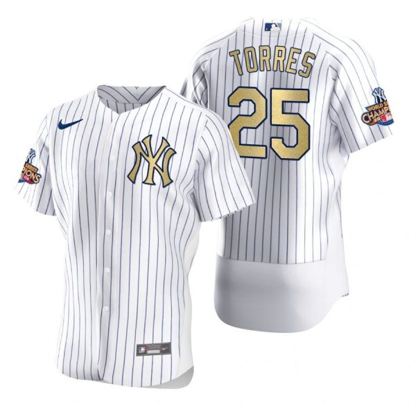 Personalized Men’s Gleyber Torres New York Yankees Flex Base Jersey White Gold WS