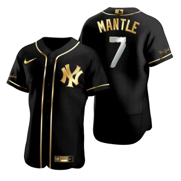 Personalized Men’s Mickey Mantle New York Yankees Flex Base Jersey Black Golden