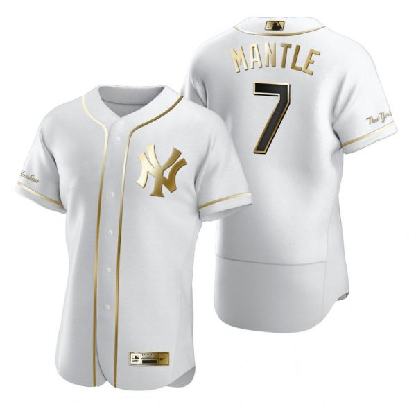 Personalized Men’s Mickey Mantle New York Yankees Flex Base Jersey White Golden