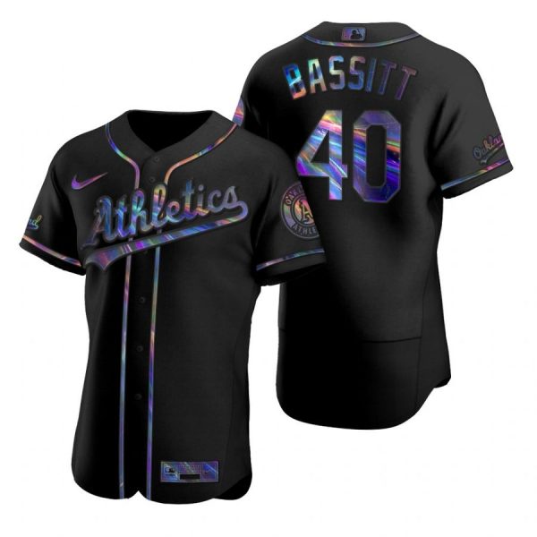 Personalized Men’s #40 Chris Bassitt Oakland Athletics Flex Base Jersey Black Holographic