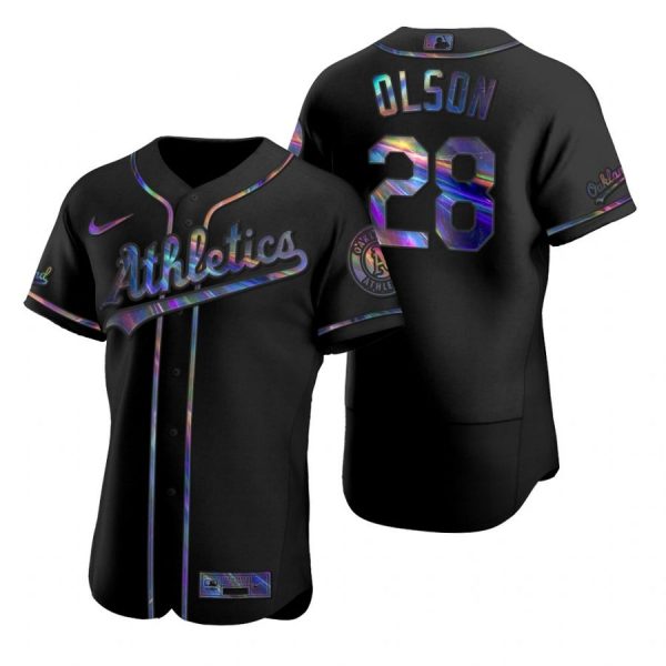 Personalized Men’s #28 Matt Olson Oakland Athletics Flex Base Jersey Black Holographic