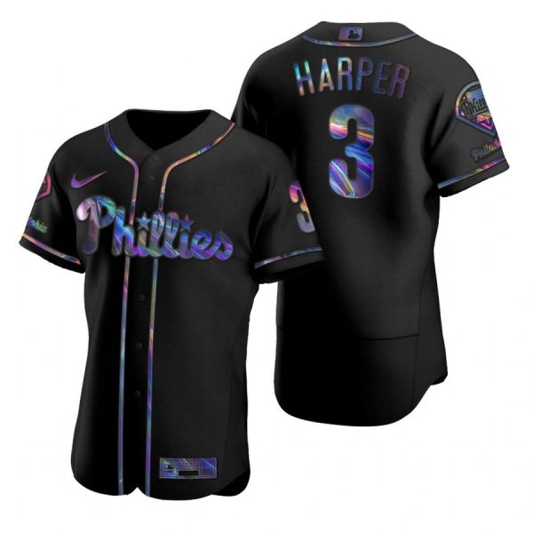 Personalized Men’s #3 Bryce Harper Philadelphia Phillies Flex Base Jersey Black Holographic