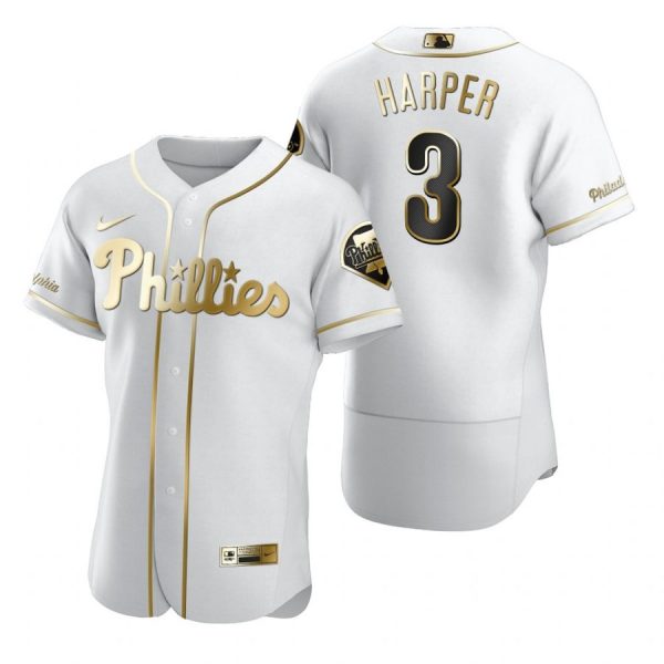 Personalized Men’s #3 Bryce Harper Philadelphia Phillies Flex Base Jersey White Golden
