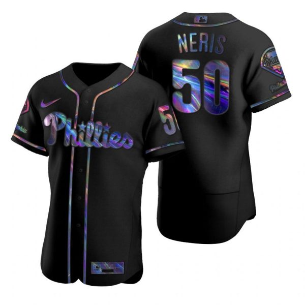 Personalized Men’s #50 Hector Neris Philadelphia Phillies Flex Base Jersey Black Holographic