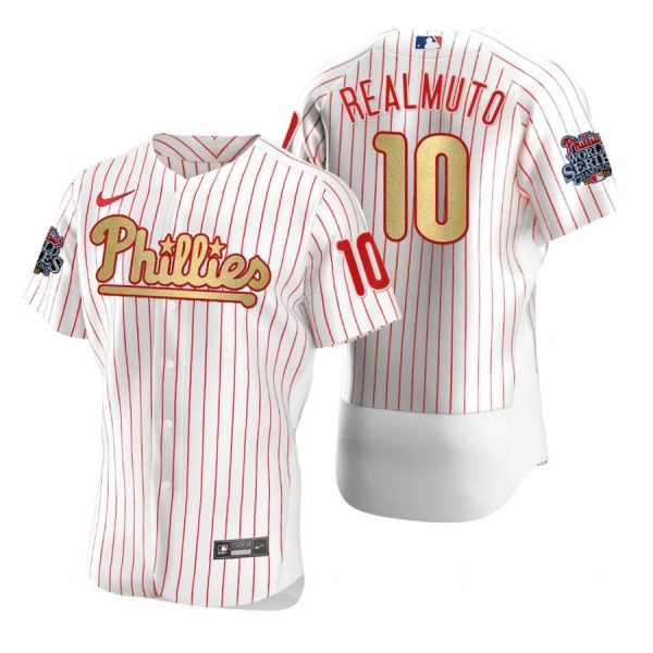 Personalized Men’s #10 J.T. Realmuto Philadelphia Phillies Flex Base Jersey White Gold WS