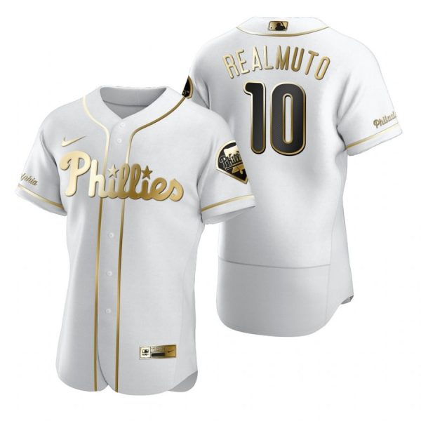 Personalized Men’s #10 J.T. Realmuto Philadelphia Phillies Flex Base Jersey White Golden