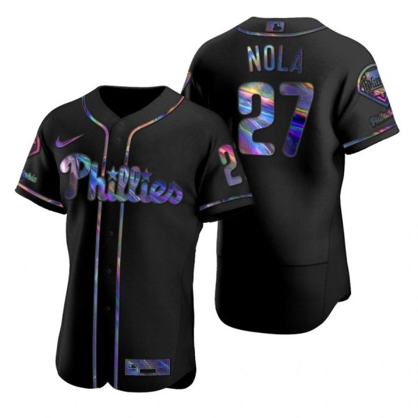 Personalized Men’s #27 Aaron Nola Philadelphia Phillies Flex Base Jersey Black Holographic