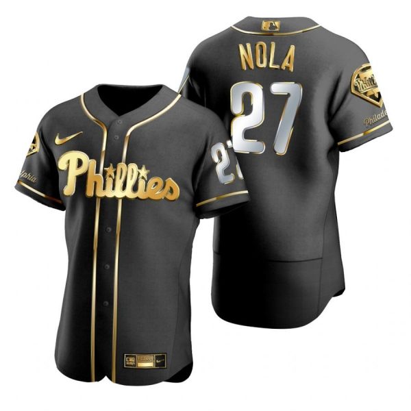 Personalized Men’s #27 Aaron Nola Philadelphia Phillies Flex Base Jersey Black Golden