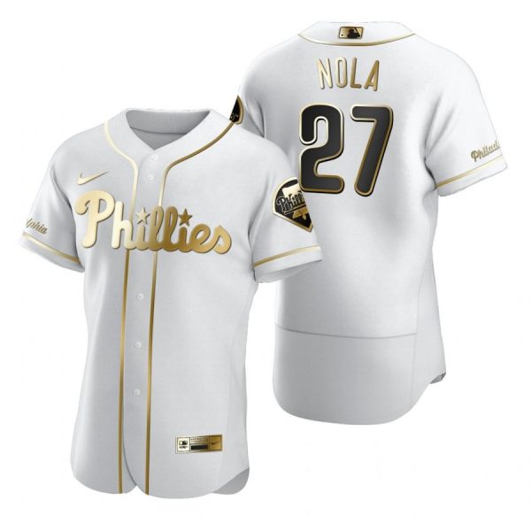 Personalized Men’s #27 Aaron Nola Philadelphia Phillies Flex Base Jersey White Golden