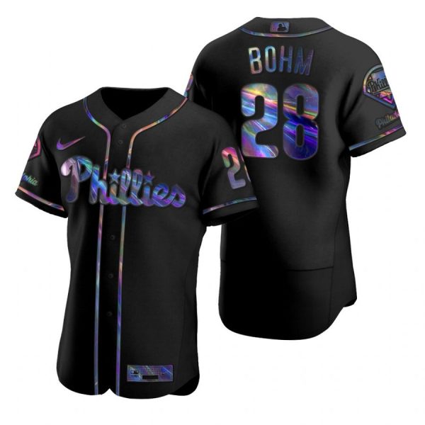 Personalized Men’s #28 Alec Bohm Philadelphia Phillies Flex Base Jersey Black Holographic