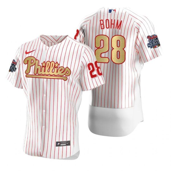 Personalized Men’s #28 Alec Bohm Philadelphia Phillies Flex Base Jersey White Gold WS