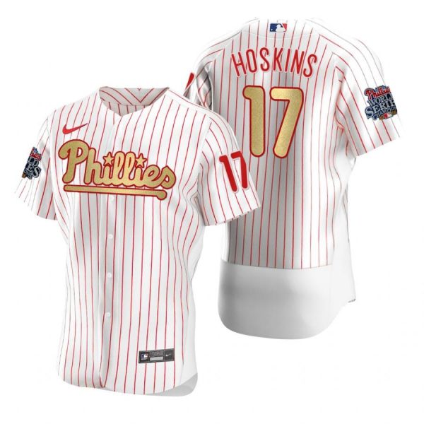 Personalized Men’s #17 Rhys Hoskins Philadelphia Phillies Flex Base Jersey White Gold WS