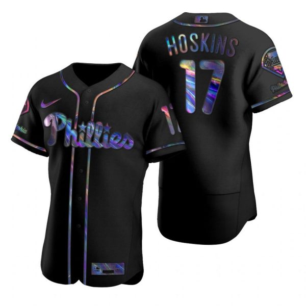 Personalized Men’s #17 Rhys Hoskins Philadelphia Phillies Flex Base Jersey Black Holographic