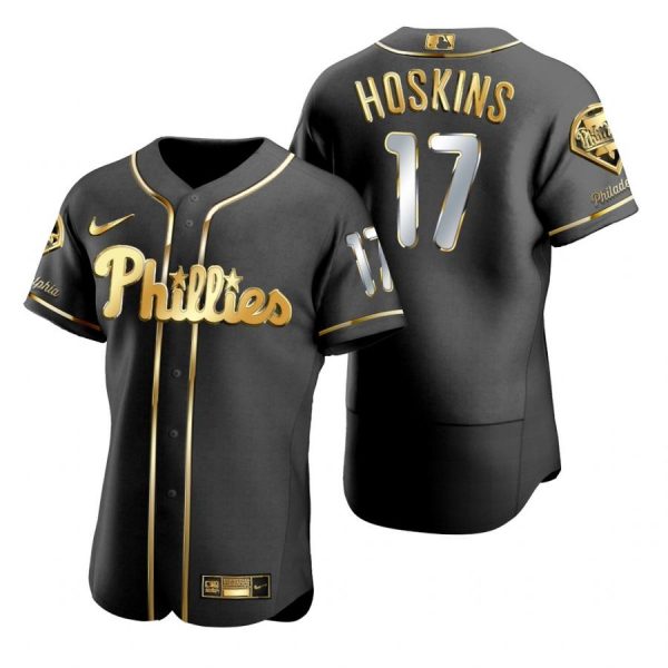 Personalized Men’s #17 Rhys Hoskins Philadelphia Phillies Flex Base Jersey Black Golden