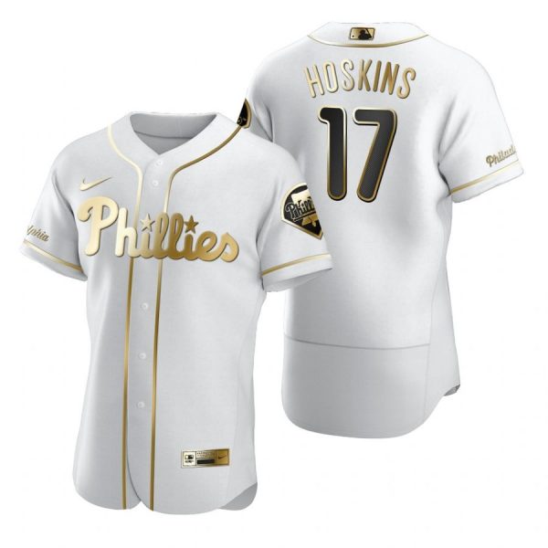 Personalized Men’s #17 Rhys Hoskins Philadelphia Phillies Flex Base Jersey White Golden