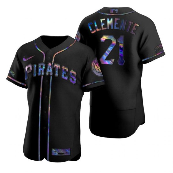 Personalized Men’s #21 Roberto Clemente Pittsburgh Pirates Flex Base Jersey Black Holographic